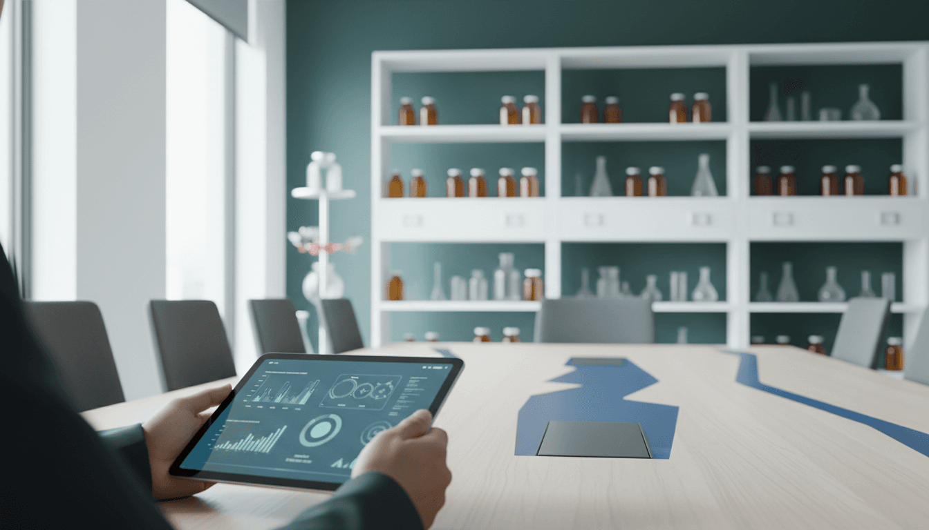 Modern pharmaceutical research laboratory with strategic consulting ambiance