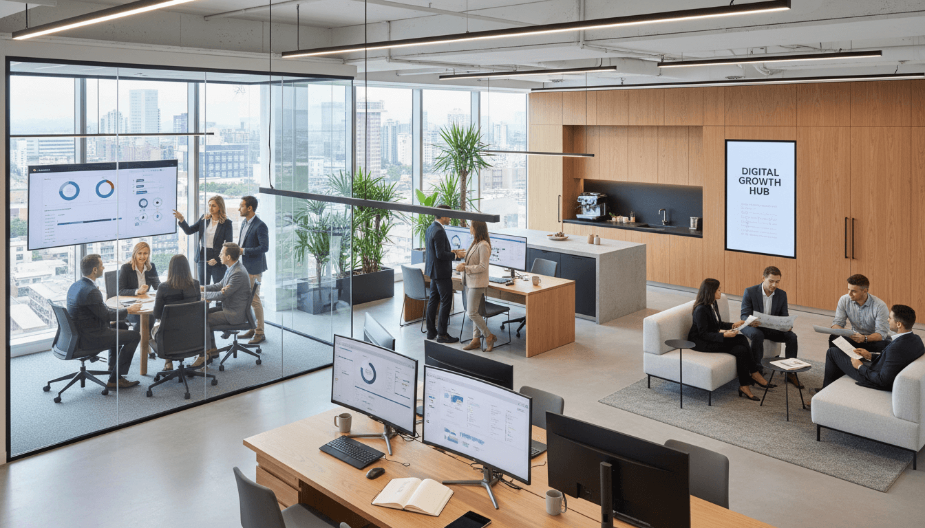 Modern consulting workspace with strategic documents and professional design elements in premium minimalist setting