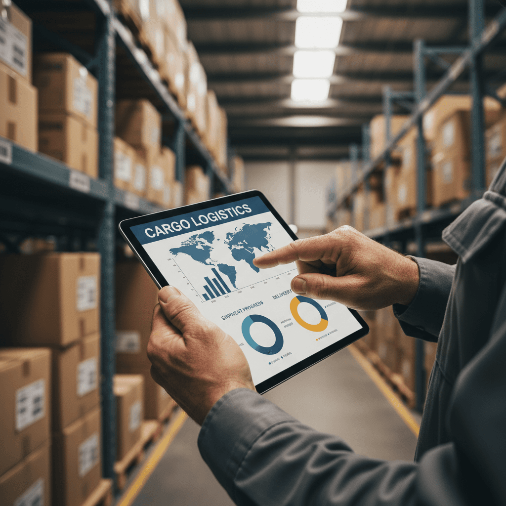 Logistics coordinator examining shipment on tablet with warehouse inventory shelving and boxes in background