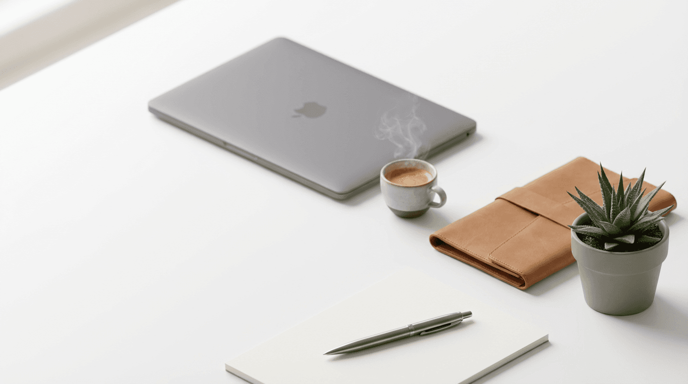 Modern consulting workspace with natural light, open notebook, and minimalist professional environment