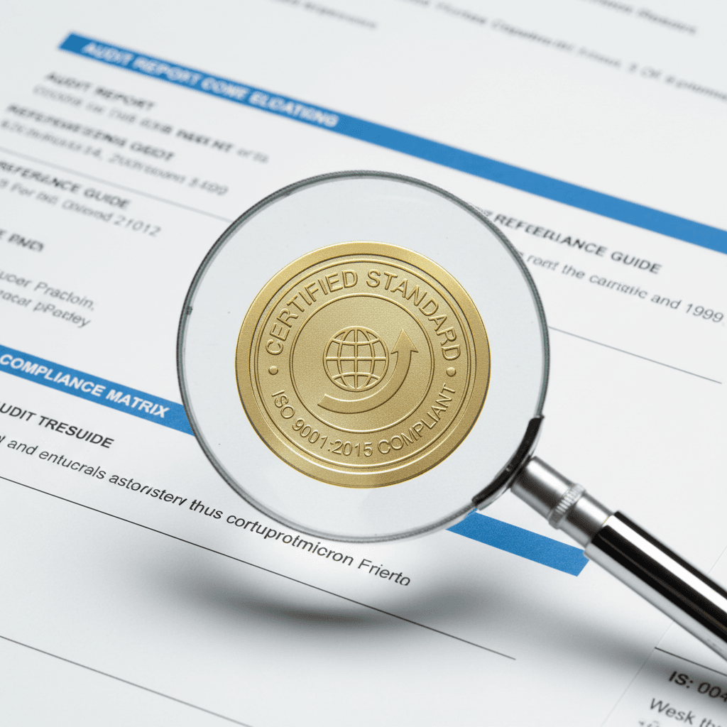 Magnifying glass examining ISO certification seal details on official compliance documentation