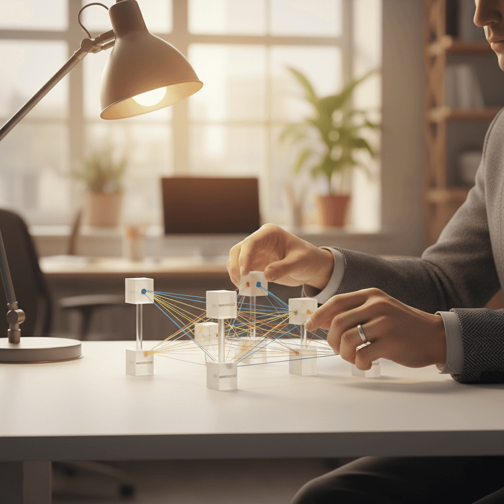 Consultant hands arranging three-dimensional supply chain model with interconnected nodes representing distribution network and warehouse locations