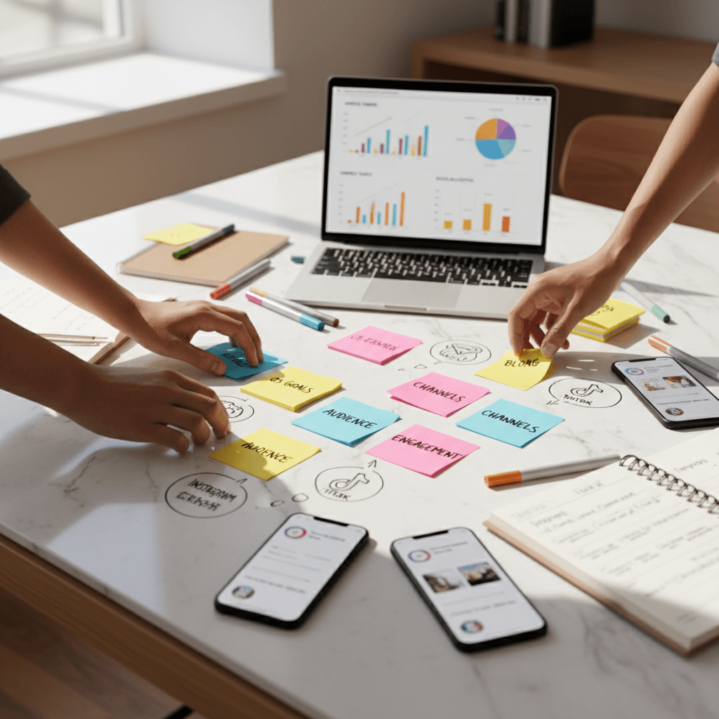 Strategic planning session with growth charts and market analysis documents